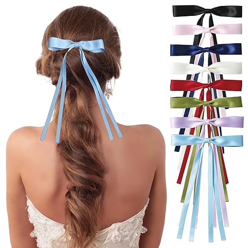 8 Pcs Hair Bows, Hair Bows for Girls Colorful Bow Clips with Long Tails Ribbons, Satin Ribbon Hairstyling Accessories for Girls Women
