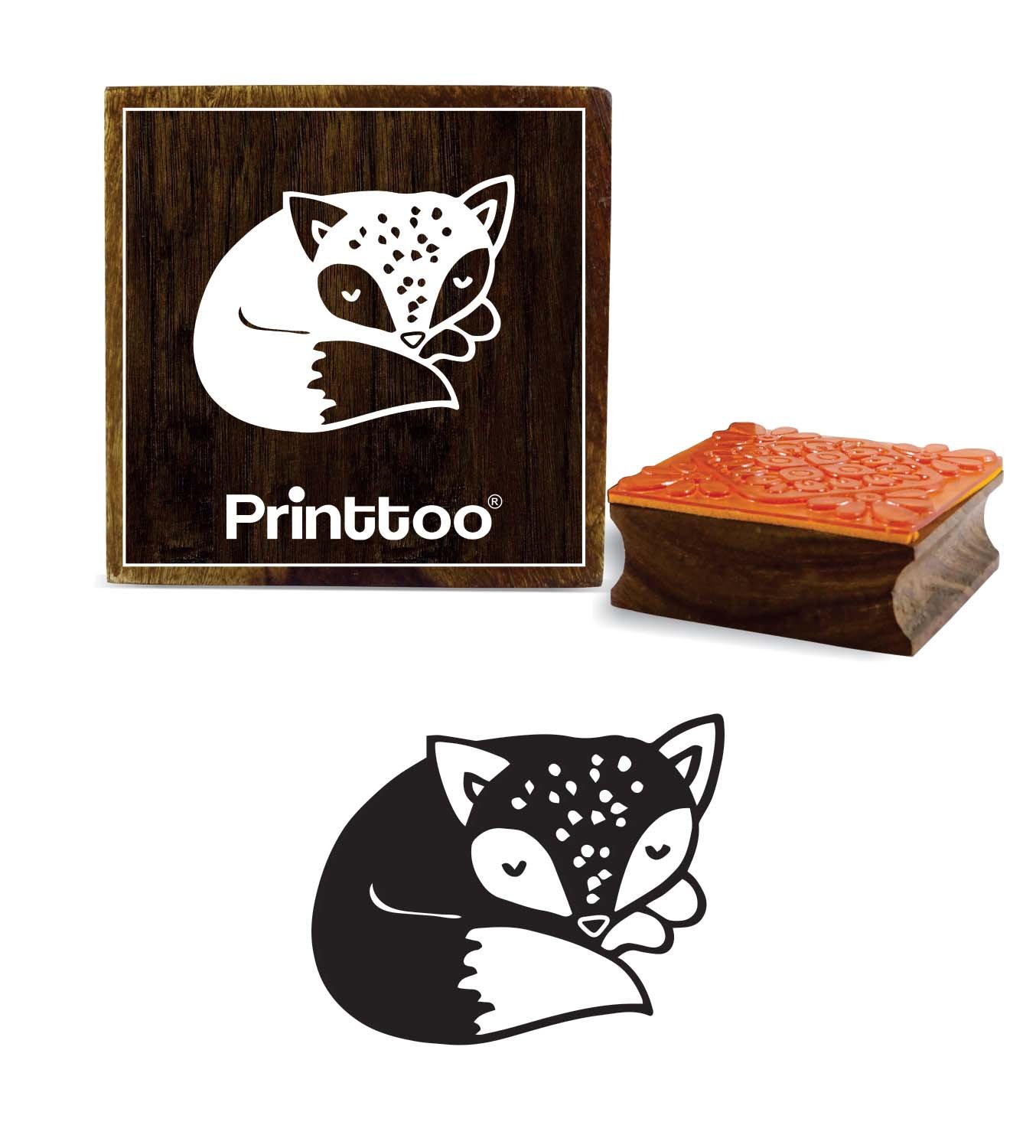 Printtoo Square Wooden Rubber Stamp Sleeping Fox Pattern Scrap-Booking Block-3 x 3 Inches