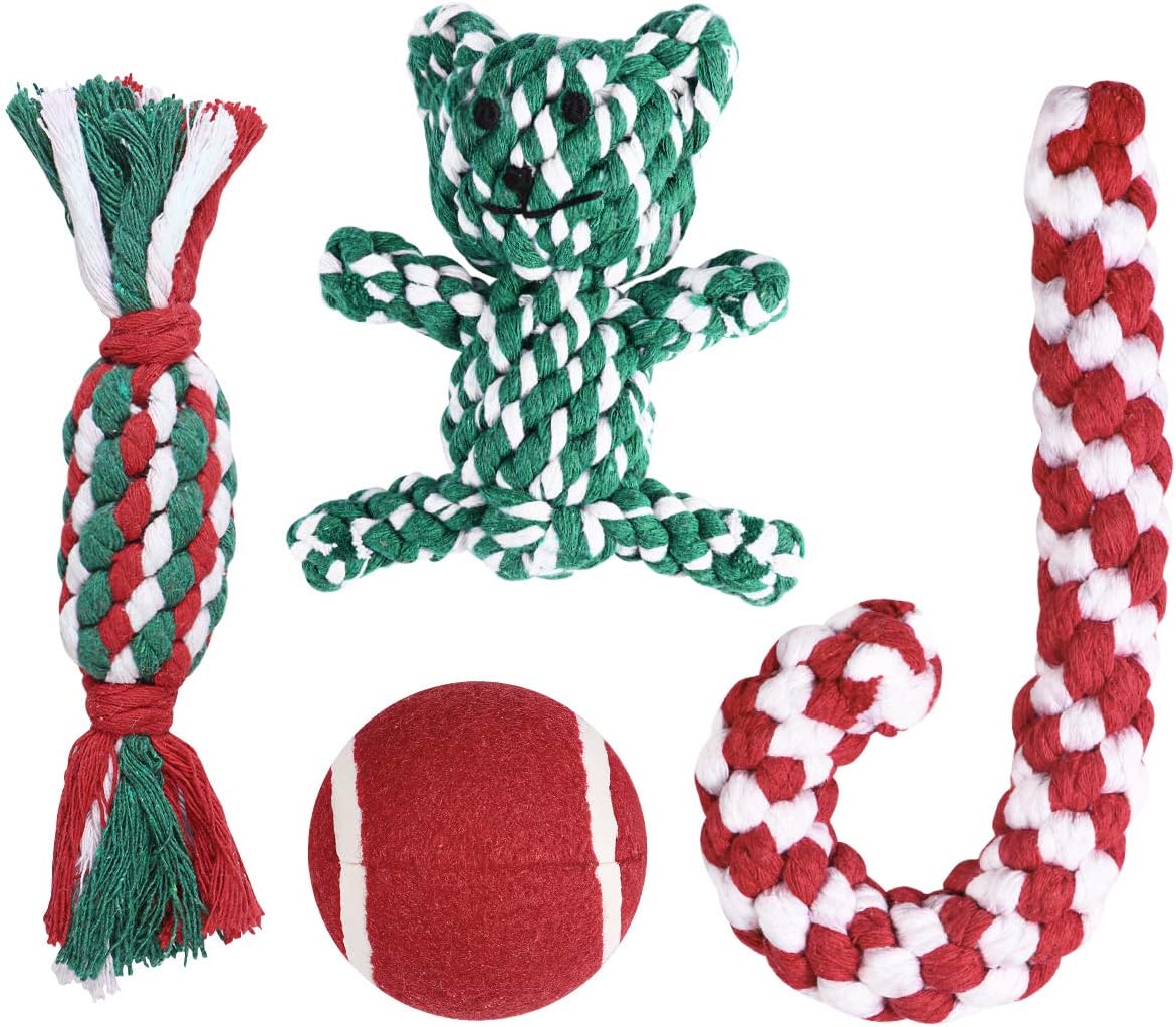 Christmas Stocking Gifts for Dog, Unique for Pets Puppy Chewing Toys Including Red Ball, Candy Cane, Bear Toy and Cotton Knotted Rope
