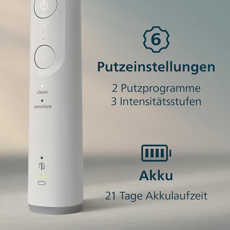 Sonicare 6100 elektrische Zahnbürste, Schallzahnbürste mit 2 Putzmodi, 3 Intensitätsstufen, Andruckkontrolle, EasyStart, SmarTimer, Reiseetui, Weiß, Modell HX7400/02 [Neue Technologie]