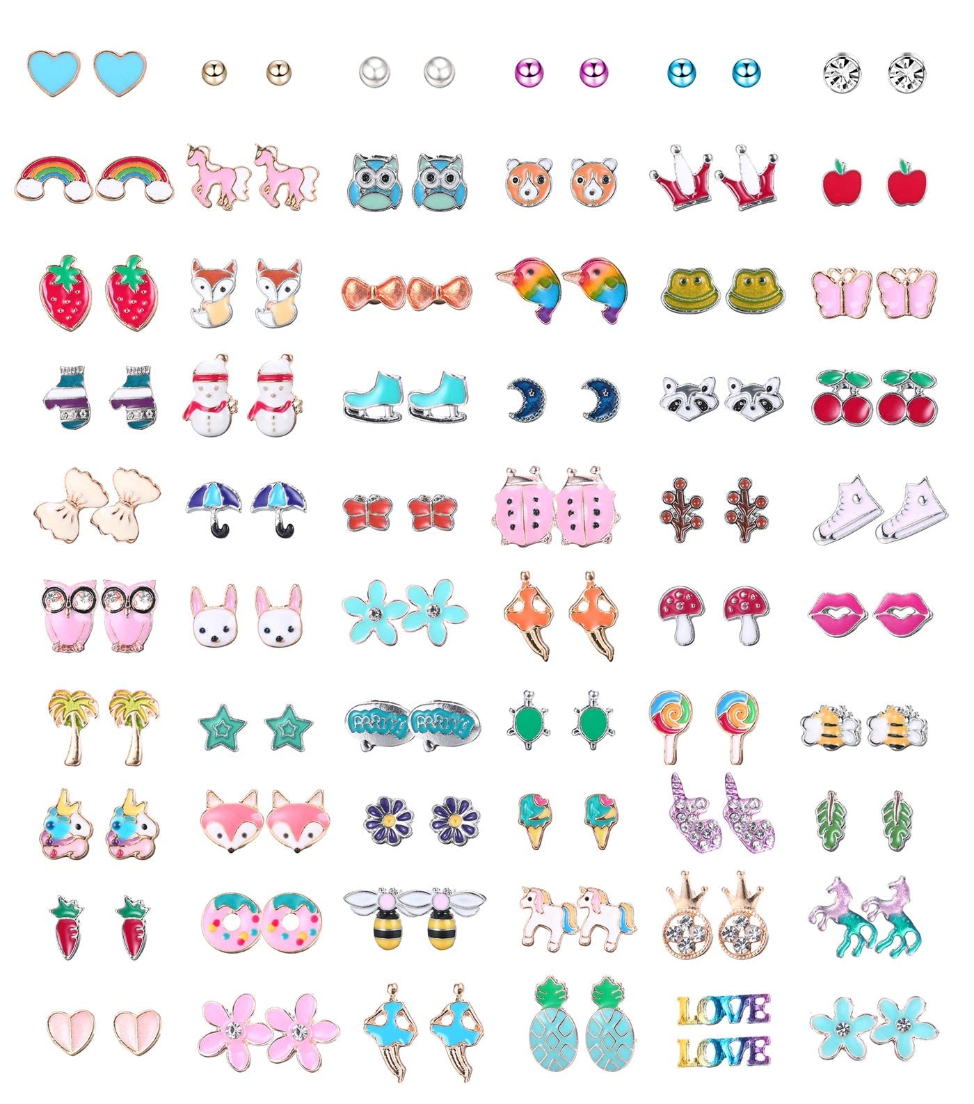 LOLIAS 60 Pairs Girls Earrings - Stainless Steel Cute Butterfly Flower Pink Pearl Studs Sets