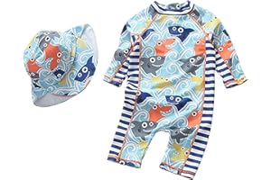 TUNOLUKER Baby Boys Toddler Long Sleeve One Piece Swimsuit Bathing Suit with Sun Hat Rash Guard Surfing Suit UPF 50+ 3 Months-4 Years