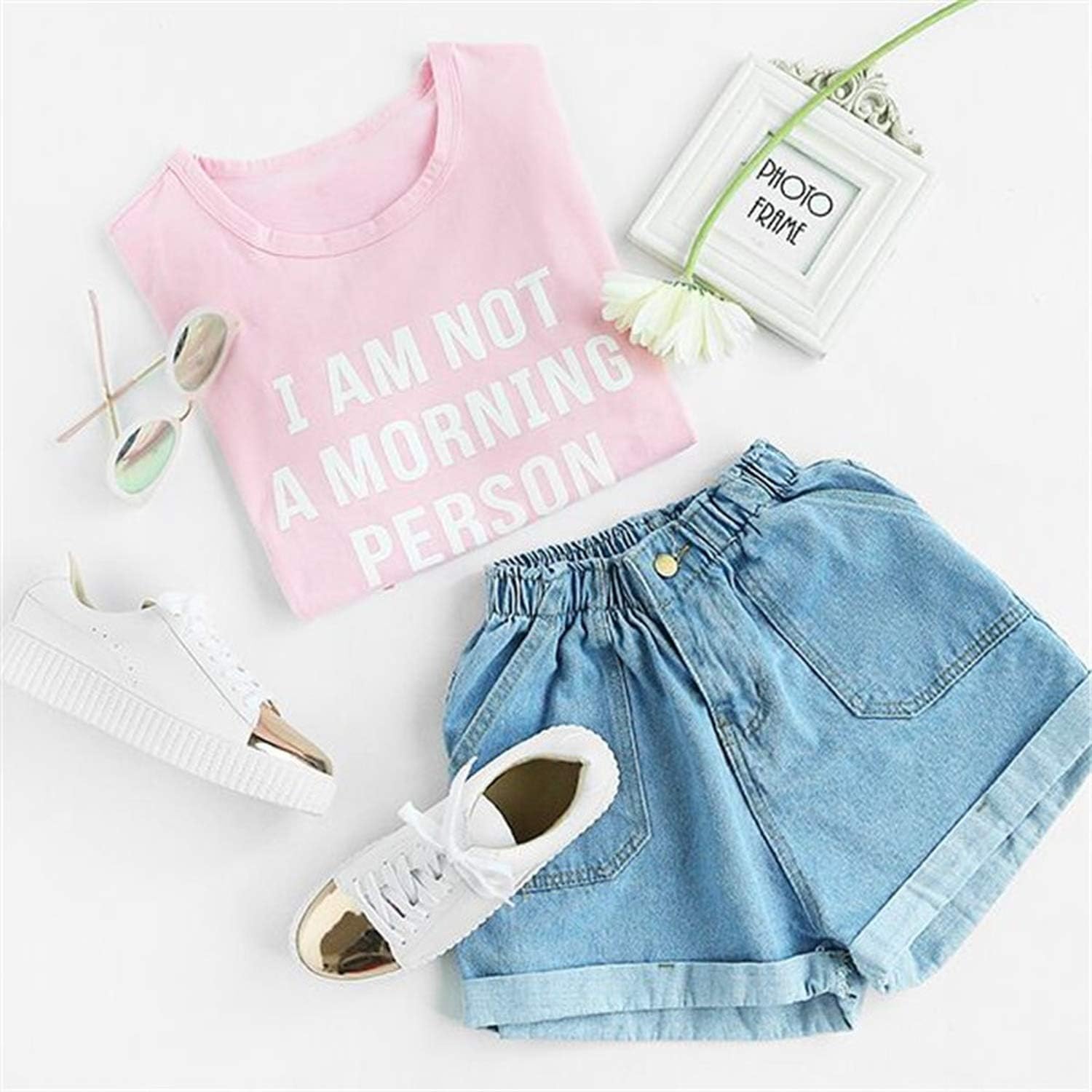 elastic waist rolled hem denim shorts