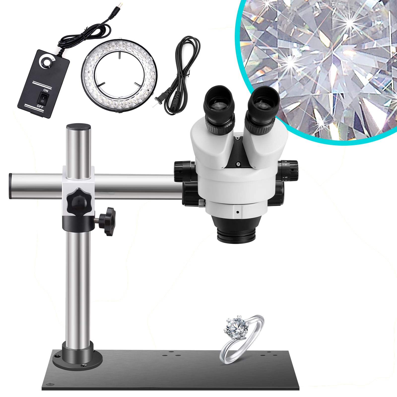 DZQ Stereo Microscope 7X-45X Magnification, Jewelry Microscope 0.5X Objective Lenses, Micro Inlaid Mirror WF10X Eyepieces, Single-Arm Boom Stand with Base Plate, 60-Bulb LED Ring Light(ZQ-3)