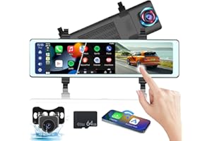 NHOPEEW 11.26 inch Rear View Mirror Camera with Carplay and Android Auto - Mirror Dash Cam Front and Rear - FM Transmitter/Bluetooth/Split Screen/Voice Control/Loop Recording + 64GB TF Card