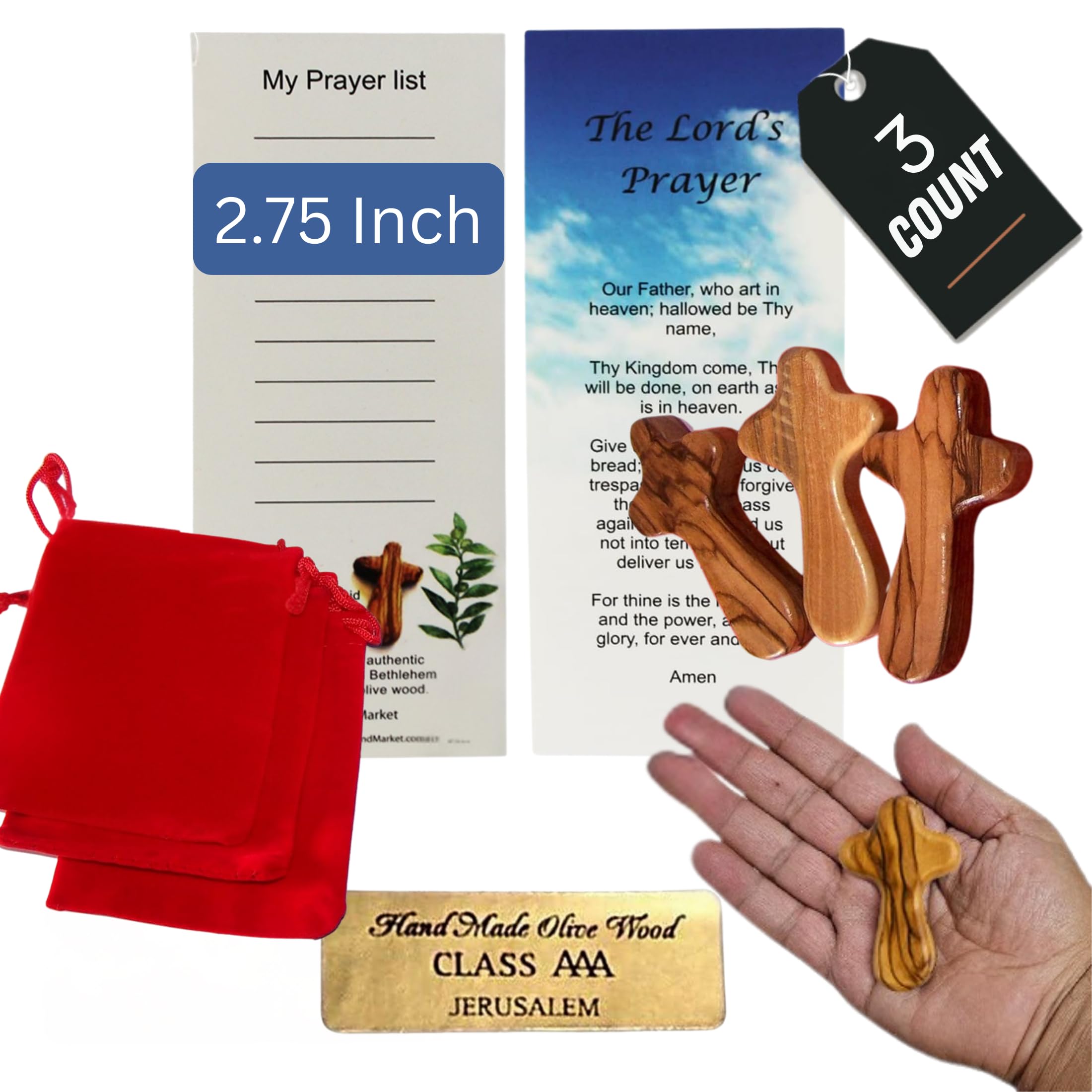 Holy Land Market Small Wooden Pocket Crosses - Natural Olive Wood, Velvet Bags & Certificates (3 Packs) - Holy Land Small Wooden Pocket Crosses โ image 1