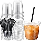 Ziliny 50 Set 10 oz Clear Plastic Cups with Lids and Straws, Disposable Iced Coffee PET Cups for Drinking Cold Beverage Juice Parfait Smoothie Milkshake Coffee Shops Party Supplies