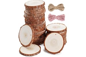 wohohoho 32pcs 3.2-3.6 inches Natural Wood Slices, Unfinished Craft Wood Kit Predrilled with Hole Thickened Wooden Circles with Bark for DIY Ornaments Christmas Wedding Decorations Wood Coasters Tags