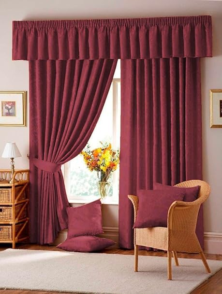 Beautiful Lana Damask Tape Top Pencil Pleat Curtains Pair Wine