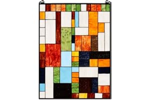 Bieye Geometric Color Block Tiffany Style Stained Glass Window Panel with Hanging Chain (18x25 inches W10092)