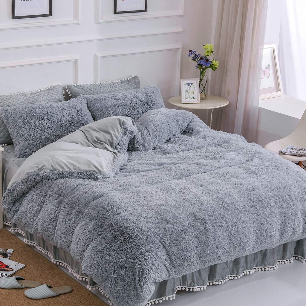 Uhamho Faux Fur Velvet Fluffy Bedding Duvet Cover Set Down Comforter Quilt Cover with Pillow Shams, Ultra Soft Warm and Durable (King, Light Gray)