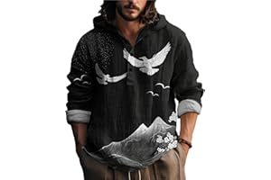 MARSVOVO Mens Japanese Art Long Sleeve Hooded Shirts Lightweight Quarter Button Hoodie Casual Cool Tops for Spring Fall