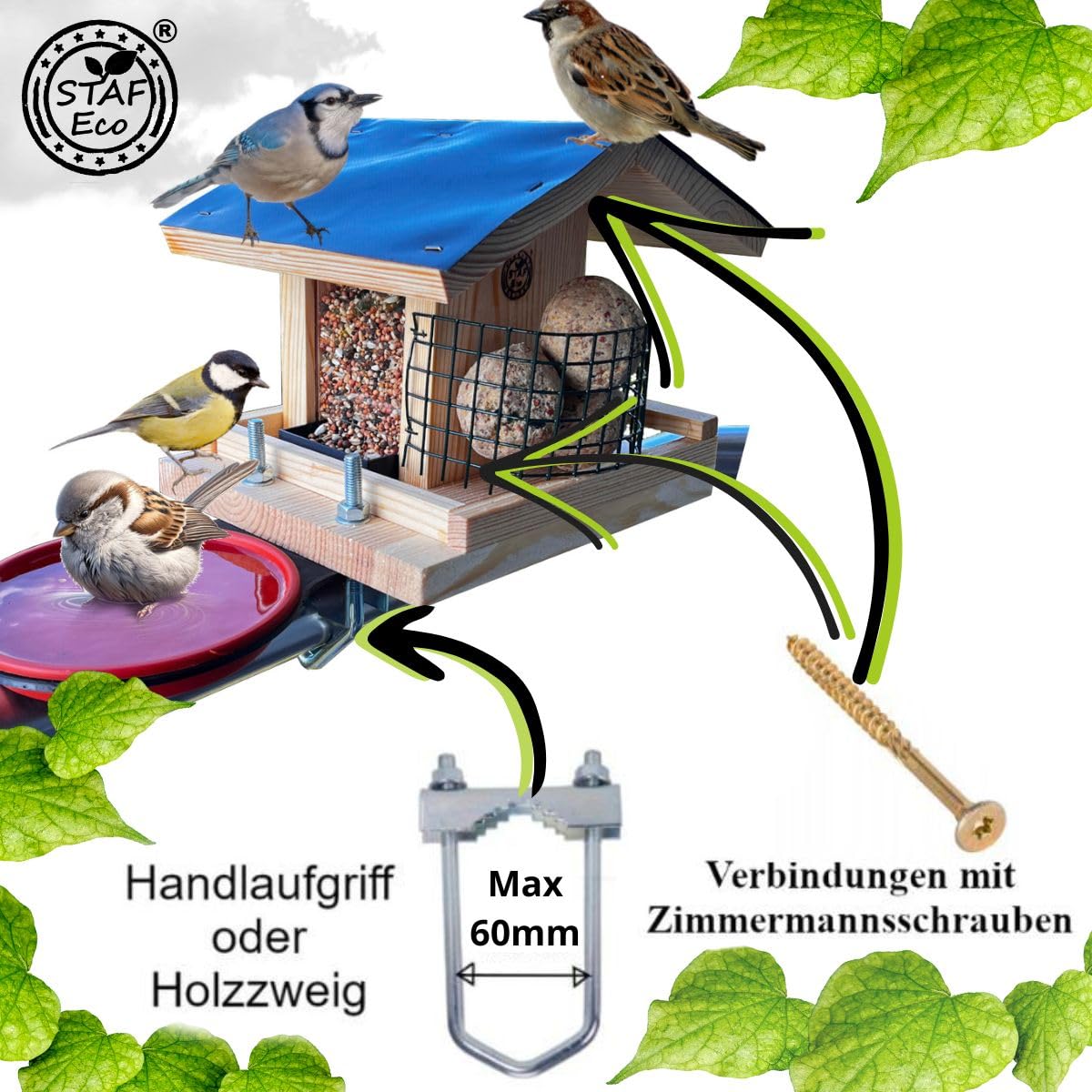 STAFECO Vogelfutterhaus Vogelhaus für Balkon wetterfest Futterhaus balkongeländer Holz imprägniert Handarbeit Gartenvögel im Garten Balkonhalterung mit Einer Größe von 30 bis 60 mm (Balkon 2) 8