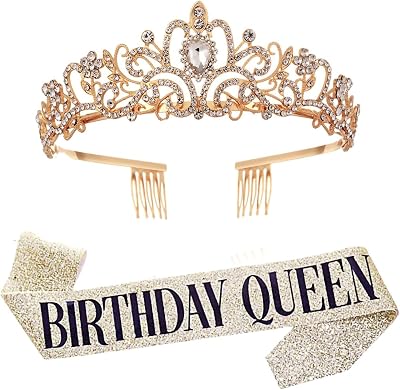 Leixi Birthday Queen Sash & Rhinestone Tiara Set Gold Birthday Kit