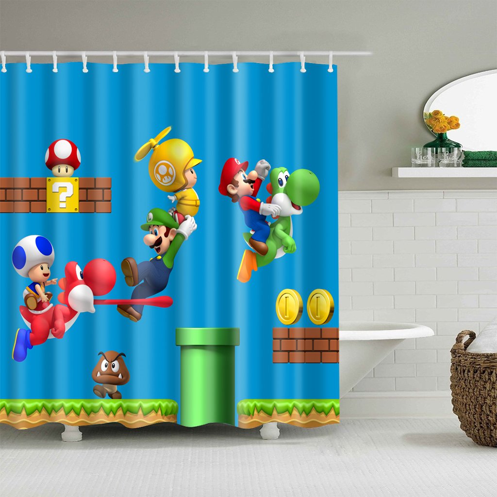 Riyidecor Kid Cartoon Shower Curtain Waterproof Polyester Fabric Print Boy Bathroom Drape for Dinosaur Super Mario Blue 66 x72 inch