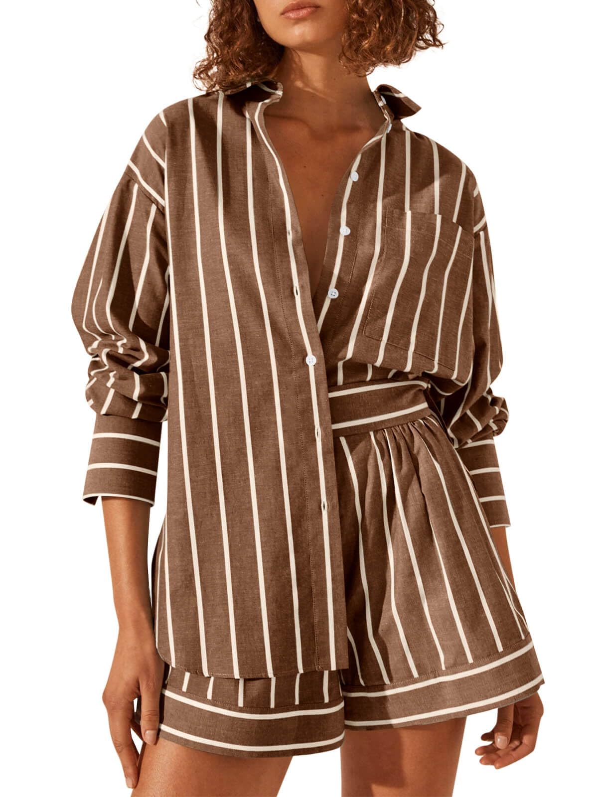 Photo 1 of **SHIRT ONLY**Tankaneo Womens 2 Piece Outfits Striped Long Sleeve Button Down Collared Shirt Matching Shorts Sets