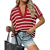 Saodimallsu Womens Striped Short Sleeve Sweater Tops Summer V Neck Collared Trendy Casual Loose Knit Pullover Shirt