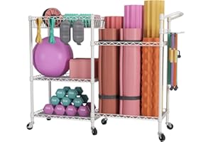 SINGAYE Dumbbell Rack, Balls Workout Equipment Storage Organizer Yoga Mat with Hooks basketball holder weight and Wheels for Organizing Workout Room, Home Gym Storage Black