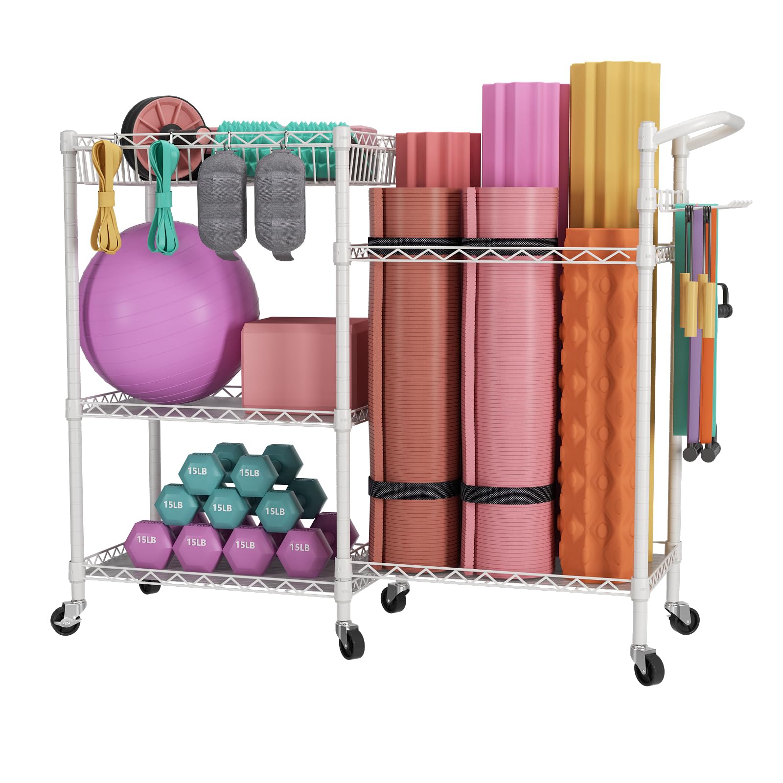 Photo 1 of SINGAYE Dumbbell Rack Stand With Yoga Mat Storage, Gym Equipment Organizer, Cart for Workout Room, Home Gym With Hooks and Wheels White