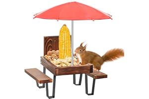 KHayRovies Wood Squirrel Feeder with Umbrella, Squirrel Feeder Picnic Table for Outside with Corn Cob Holder, Solid Squirrel Feeding Station Chipmunk Feeder for Garden Yard Outdoors