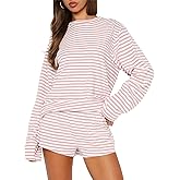 RUEWEY Women Striped Pajamas Set Crewneck Long Sleeve Loose Top Shorts Two Piece Lounge Sets