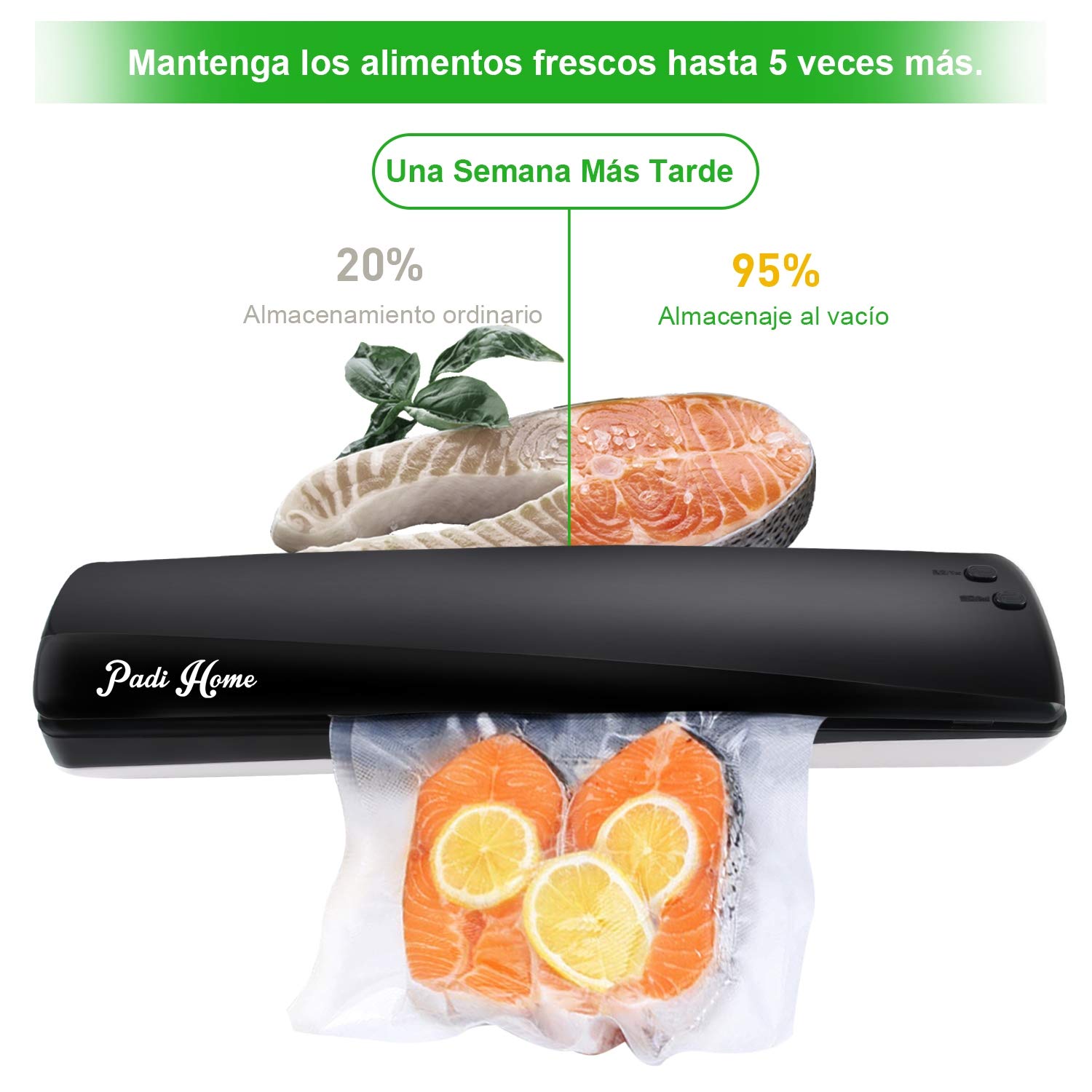 Envasadoras al vacío, Padi Home El Aparato para envasar al vacio, Comida se Mantiene Fresco con hasta 8 Veces Más, Ideal para Almacenamiento de Alimentos Incluye 10 Alta Calidad Vacuum Bolsa, Negro