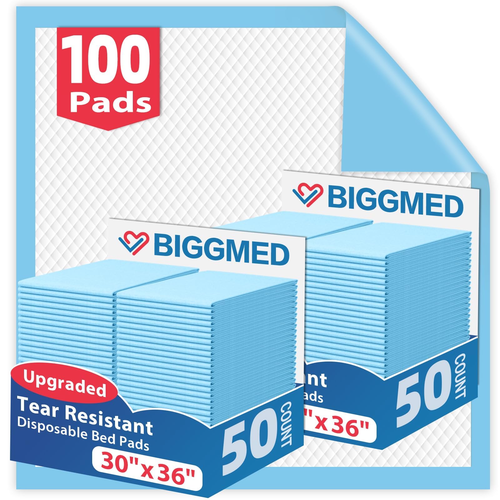 Photo 1 of BIGGMED Tear-Resistant Disposable Bed Pads 30" x 36" 100 Count Absorbent Underpads, Chux Thicker Extra Large Incontinence Bed Pads, Pee Pads for Adults, Kids, Elderly, Pets