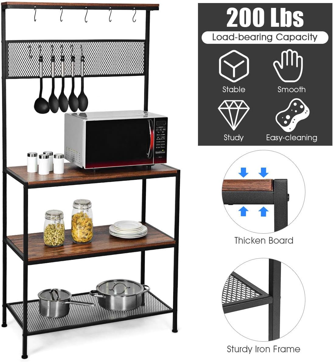 Giantex Kitchen Baker's Rack, Industrial Microwave Oven Stand, Mesh Panel with 11 Hooks, Storage Shelves for Utensils, Metal Frame, Standing Cupboard, Easy Assembly (Rustic Brown) - Standing Baker's Racks