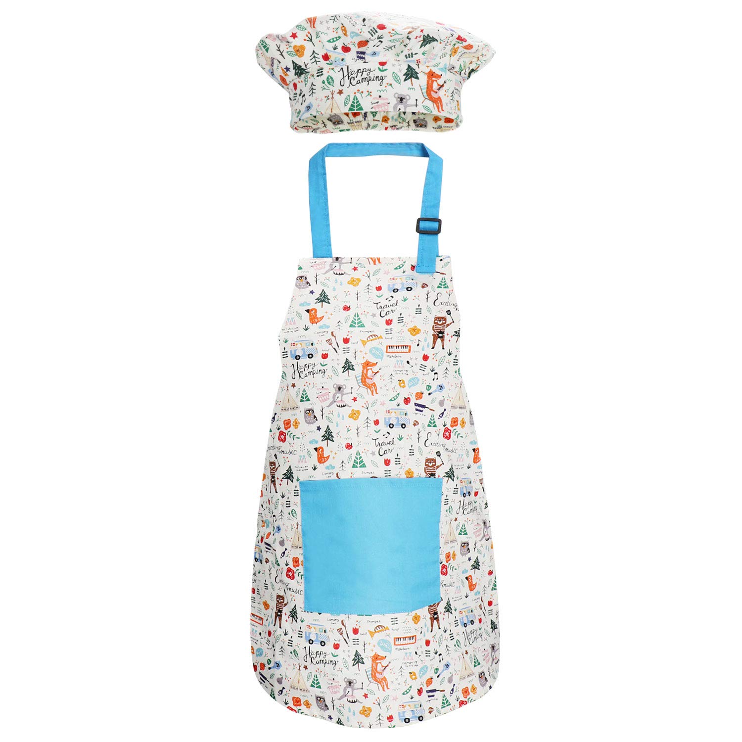 Jennice House Kids Apron and Chef Hat Set, Cute Children Baking Aprons for Boys and girls Cooking Artists Painting Gardening Aprons (Blue Animals, Small)