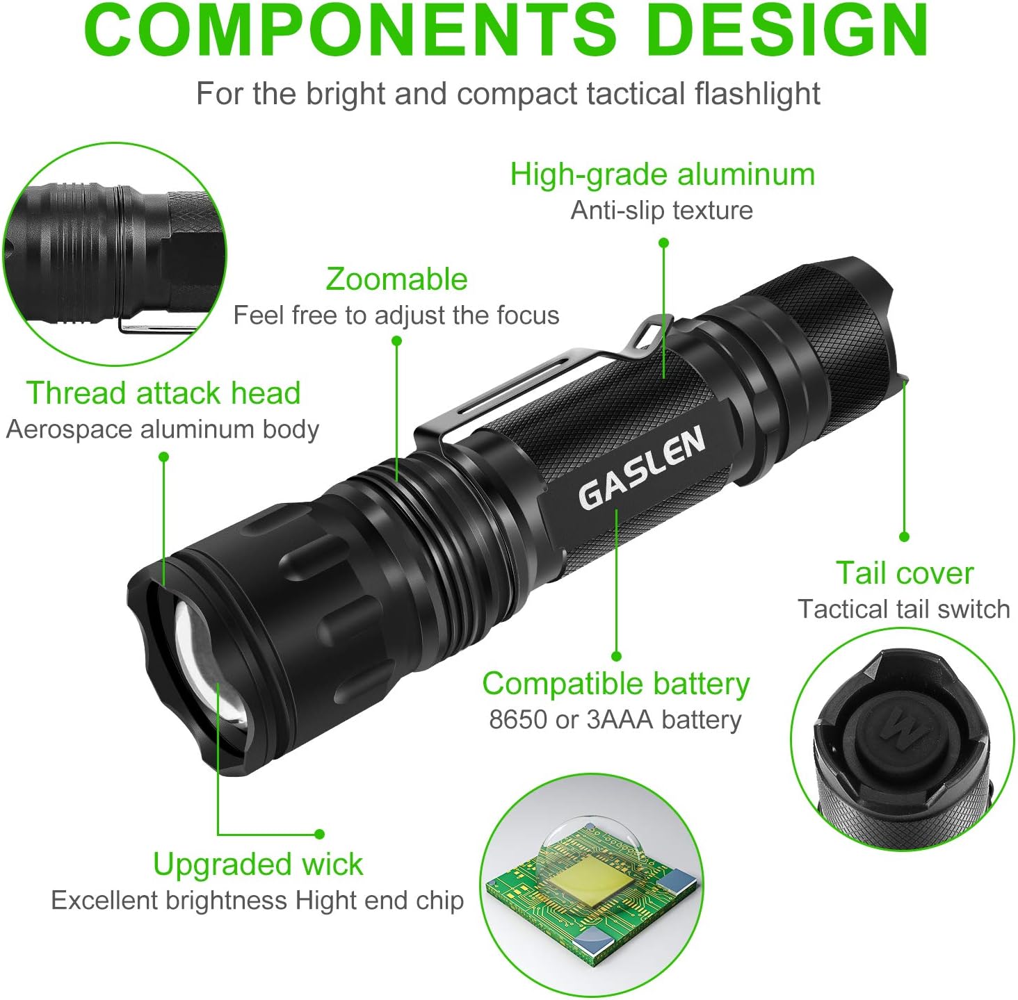 Gaslen LED Tactical Flashlight Rechargeable High Lumen Portable Water Resistant Torch Light, Zoomable, Best Camping, Outdoor, Emergency, Everyday Flashlights with 18650 Battery and Charger Included - - 