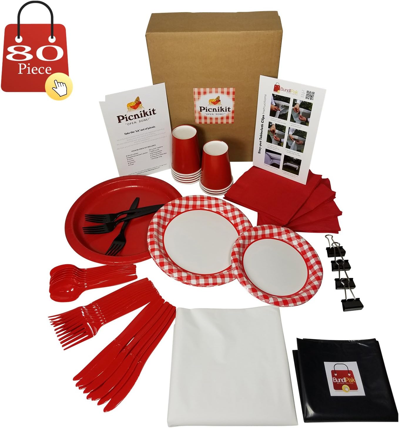 Picnic Kit Serves 8 (Gingham White) All You Need For Hassle Free Picnics 80 Piece Premium Includes Dinner, Appetizer Plates, Cups, Spoons, Forks, Knives, Napkins, Tableclips, Tablecover & Garbage Bag