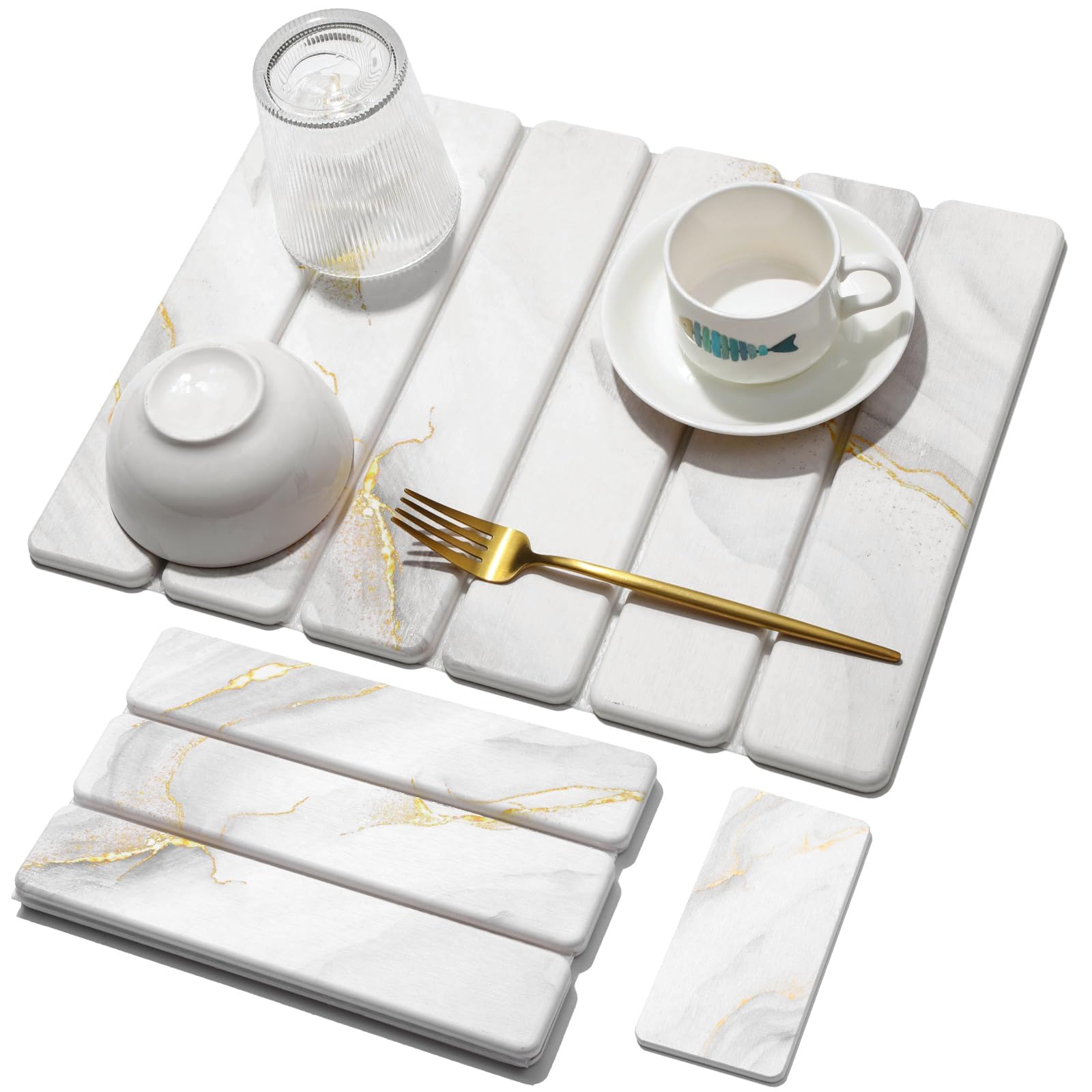Photo 1 of 2 PCS Stone Dish Drying Mat for Kitchen Counter,Quick Dry Stone Dishes Mats,Marbled Water Absorbing Diatomaceous Earth Drying Pad for Countertop Bottles Utensils Cups(Gold White 16"×12" & 8"x4")