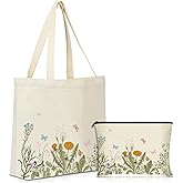 Sadnyy 2 Pcs Butterfly Aesthetic Canvas Tote Bags with Makeup Zipper Pouch for Women Valentine Galentine Cute Floral Reusable Shoulder Tote Bag for Teacher Beach Shopping Travel Work Gym Grocery