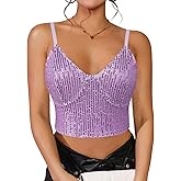 Womens Sparkly Sequin Top Spaghetti Strap Crop Top Glitter Sleeveless V Neck Vest Tank Tops Rave Disco Concert Outfit