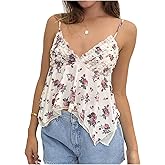 Women Ruffled Cami Tops Y2k V Neck Spaghetti Strap Ruffle Babydoll Cami Tops Summer Ruched Sleeveless Camisole