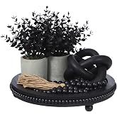 Acellegic 5 Pcs Bohemian Home Decor Set 12 inch Beaded Circular Wooden Tray Artificial Eucalyptus Potted Plants Wooden Knot Chain Ring Decoration for Farmhouse Wedding Table Decoration (Black)