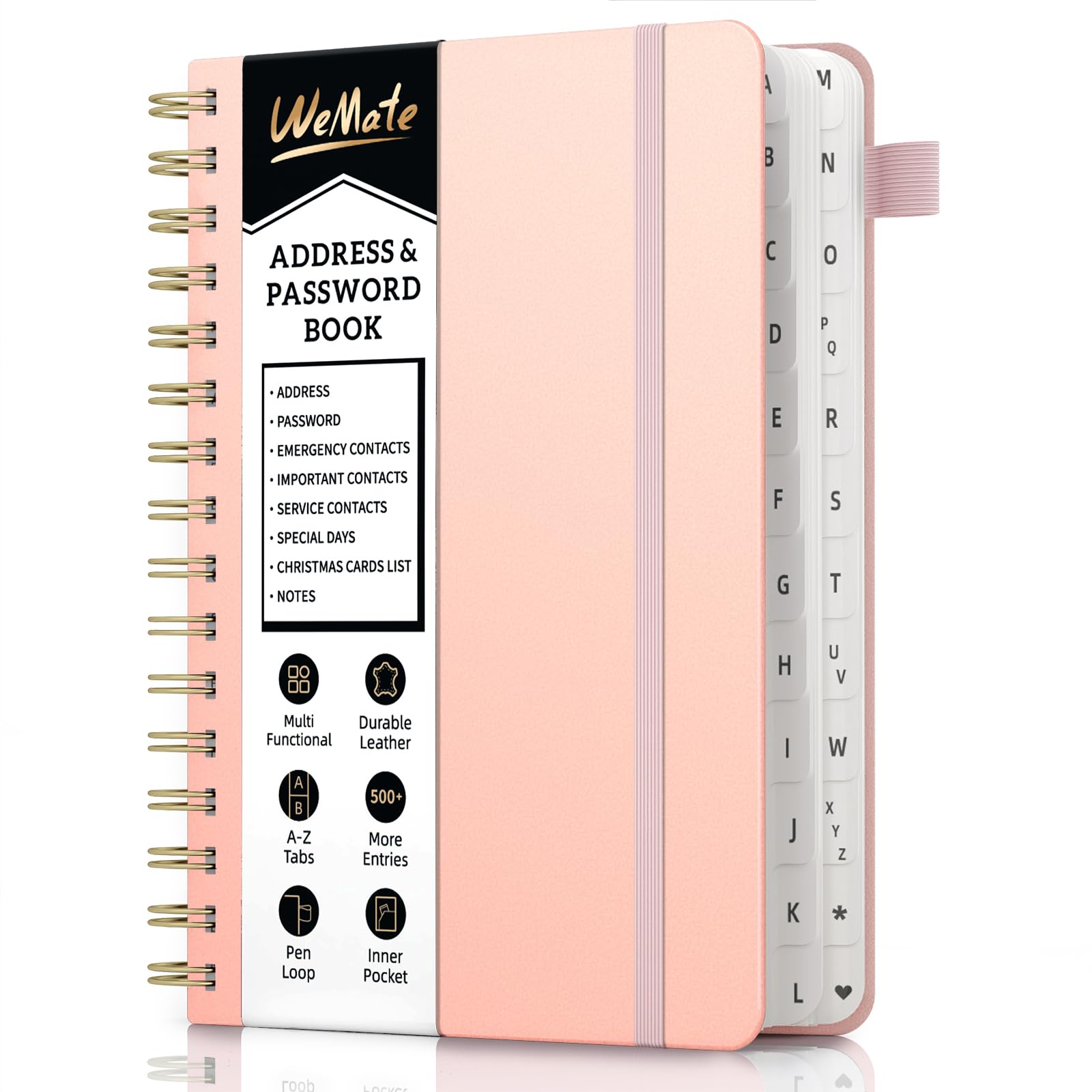 WEMATE Spiral Address Book with Alphabetical Tabs, Leather Password Book, Address Organizer Telephone Notebook Journal Keep Contact Safe Hardcover Large Print Seniors Home Office 5.8″×8.2″, Rose Gold
