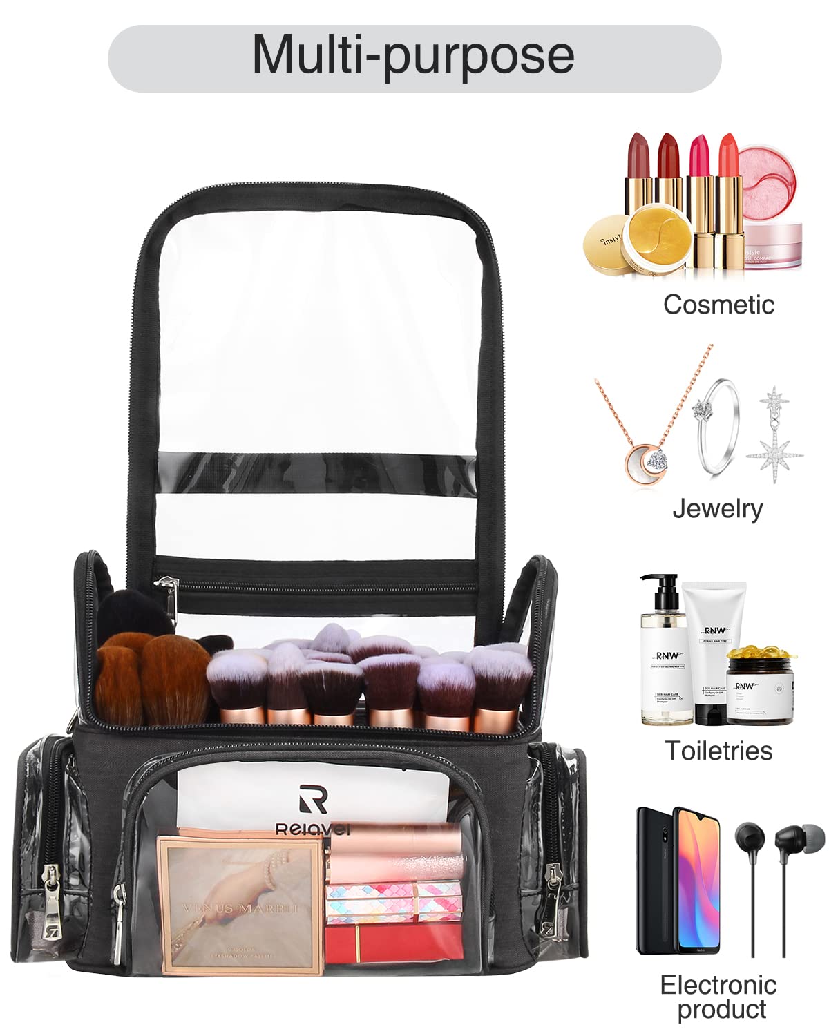 Makeup Brush Case, Large Makeup Brush Holder Professional Makeup Artist Travel Case Clear Waterproof Cosmetic Organizer Bag, Full Open Easy to Access, with Adjustable Strap and Dividers