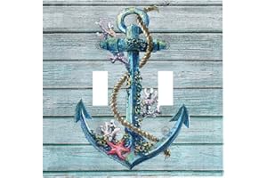 JIEXUTE Vintage Nautical Beach Anchor Coral Teal Turquoise Wood Wooden Plank 2 Gang Double Toggle Light Switch Cover Decorative Wall Plate Electrical Faceplate Oversized Decorator Outlet Cover