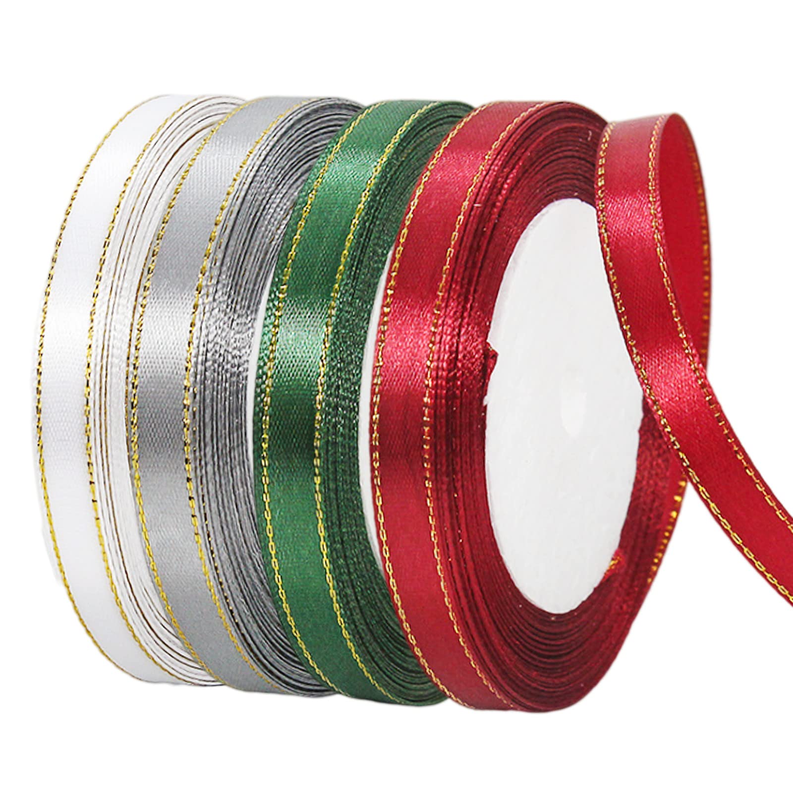 YAAVAAW 4 Rolls Burgundy Red,Dark Green,Grey,White Ribbon 10mm for Gift Wrapping 22M, Double Sided Thick Satin Crafting Cake Ribbon,Hair Bow Ribbon,Balloon,Christmas Decoration,Wedding Car