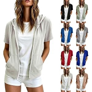 Women Zip Up Short Sleeve Hoodie Lightweight Loose Fit Hooded Sweatshirts | Soft Fabric with Drawstring Hood and Front Pocket