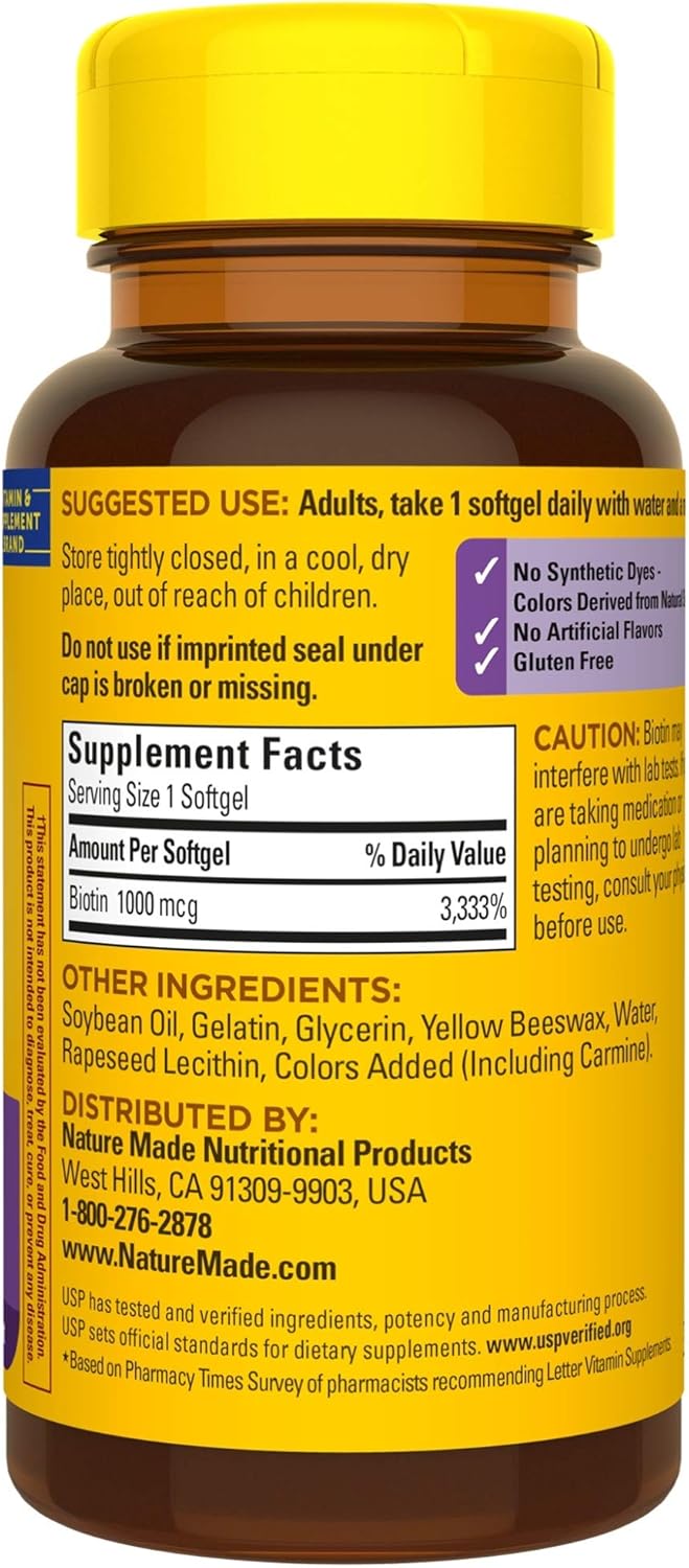 Nature Made Biotin 1000 mcg Softgels, 120 Count (Packaging May Vary): Health & Personal Care