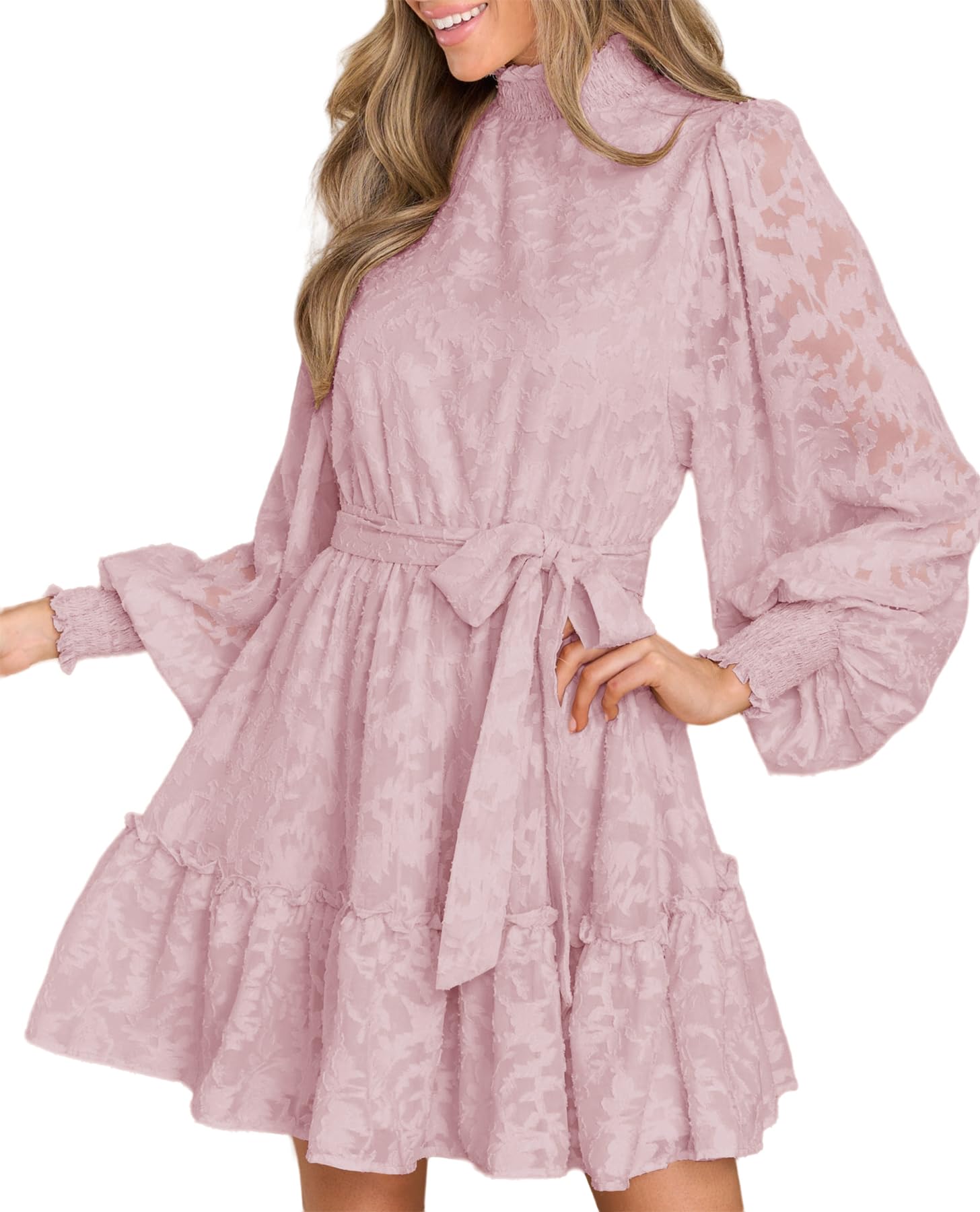 Photo 1 of Ferlema Women's Elegant Floral Lace Dress Smocked Ruffle Long Sleeve High Waist Tiered Mini Dresses with Belt Pink Small