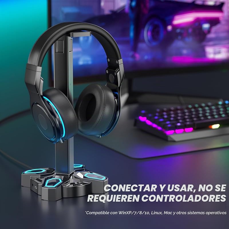 Suporte LED para auscultadores gaming com 2 portas USB de carregamento e 1 tipo C