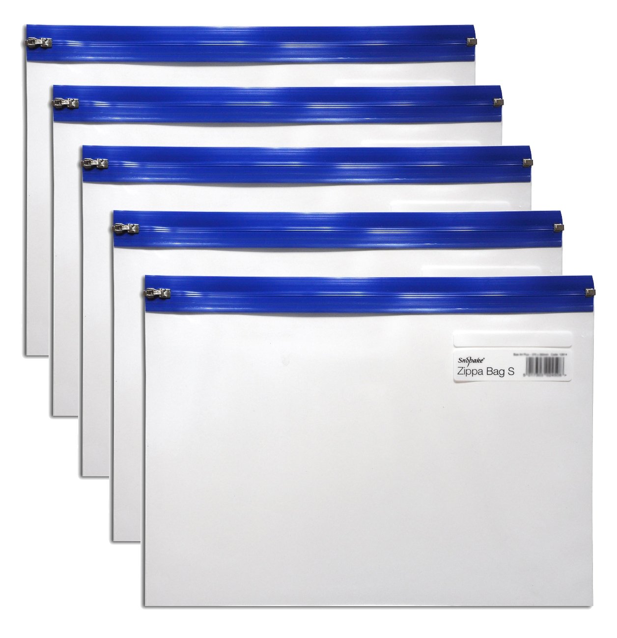 Snopake A4 Plus Zippa-Bag ‘S’ Classic with Write-On Label [Pack of 5] 370 x 260 mm – Transparent/Blue Zip Strip [Ref: 12804]