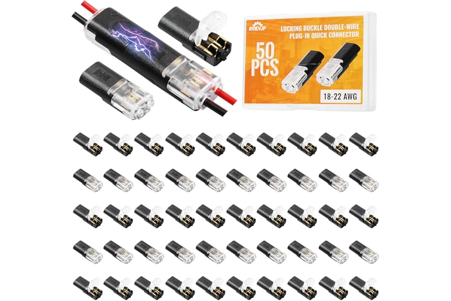 RVIEVJP 50Pcs D2 Quick Connect Wire Connectors – Optional Stripping Double Wire Plug in Connector with Locking Buckle, Flame