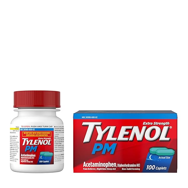 TYLENOL PM EXTRA STRENGTH NIGHTTIME PAIN RELIEVER & SLEEP AID CAPLETS, 500 MG ACETAMINOPHEN & 25 MG DIPHENHYDRAMINE HCL, RELIEF FOR NIGHTTIME ACHES & PAINS, NON-HABIT FORMING, 100 CT
