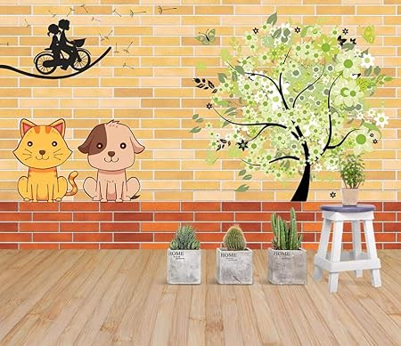 Papier Peint 3d Mur De Briques Chien Arbre à Chat Intissé