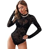 SweatyRocks Women's Mock Neck Leopard Long Sleeve Mesh Bodysuit Leotard