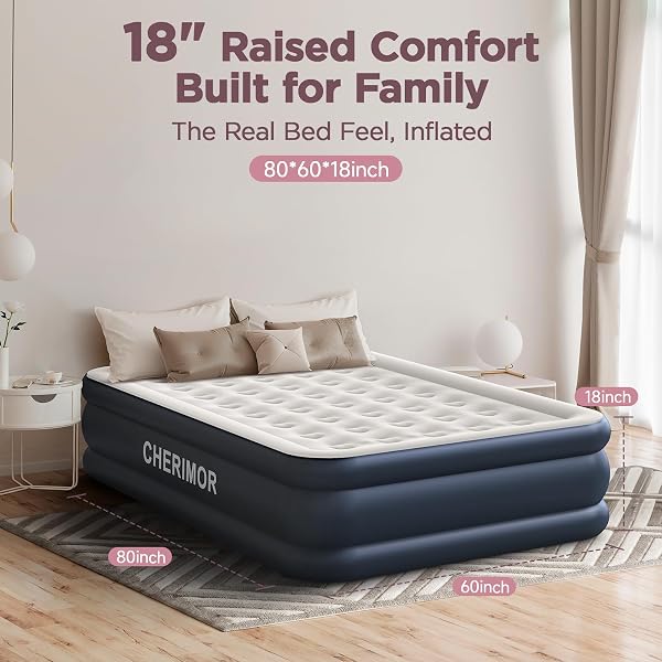 CHERIMOR QUEEN AIR MATTRESS WITH BUILT IN PUMP, 18″ ELEVATED HEIGHT, 48HR LEAK-TESTED, HONEYCOMB COIL SUPPORT, 800 LBS CAPACITY, FAST 3-MIN INFLATION–BLOW UP MATTRESS FOR GUEST ROOM & SLEEPOVER